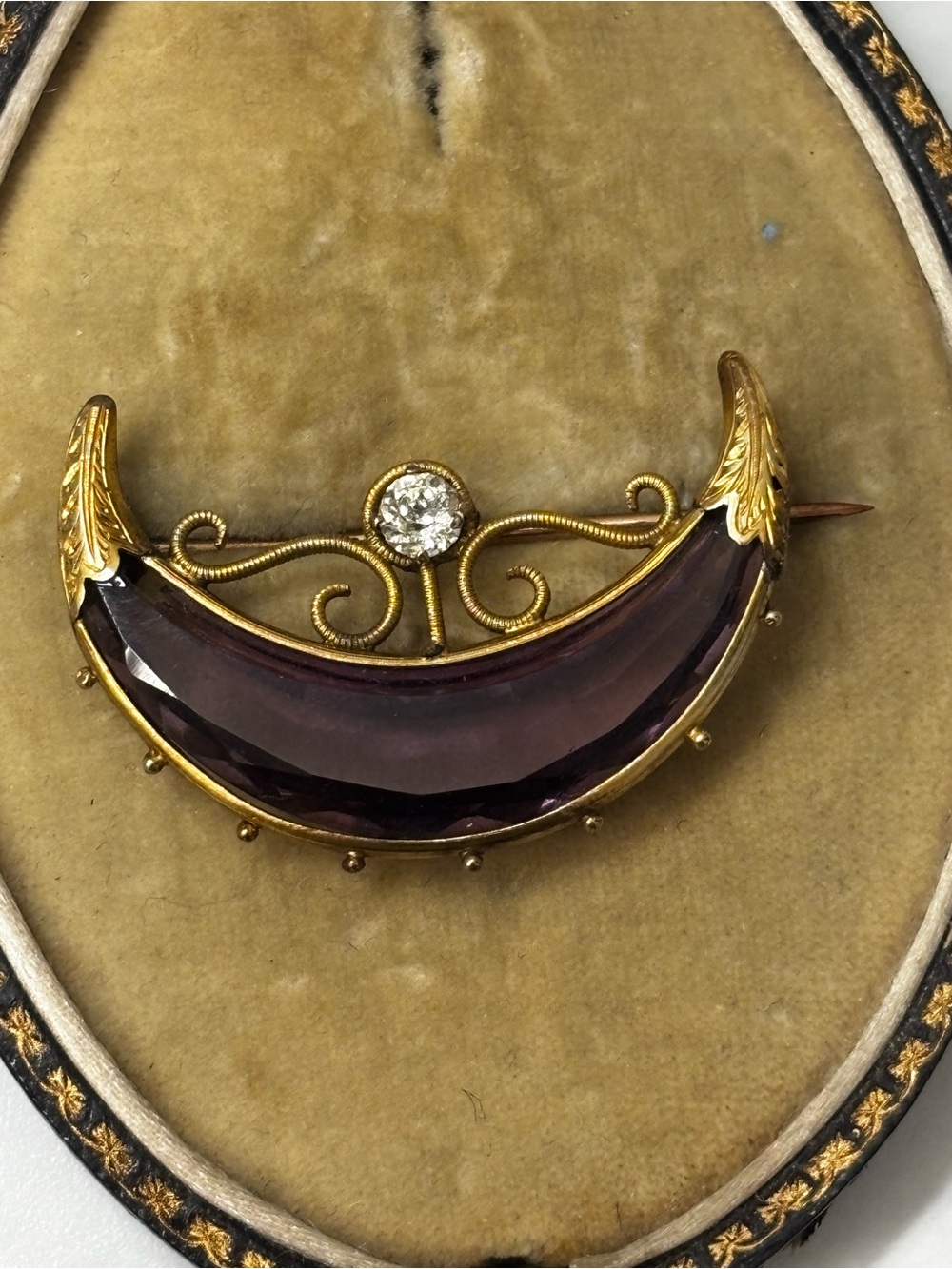 antique 10k Amethyst Crescent Brooch with Gold Accents
